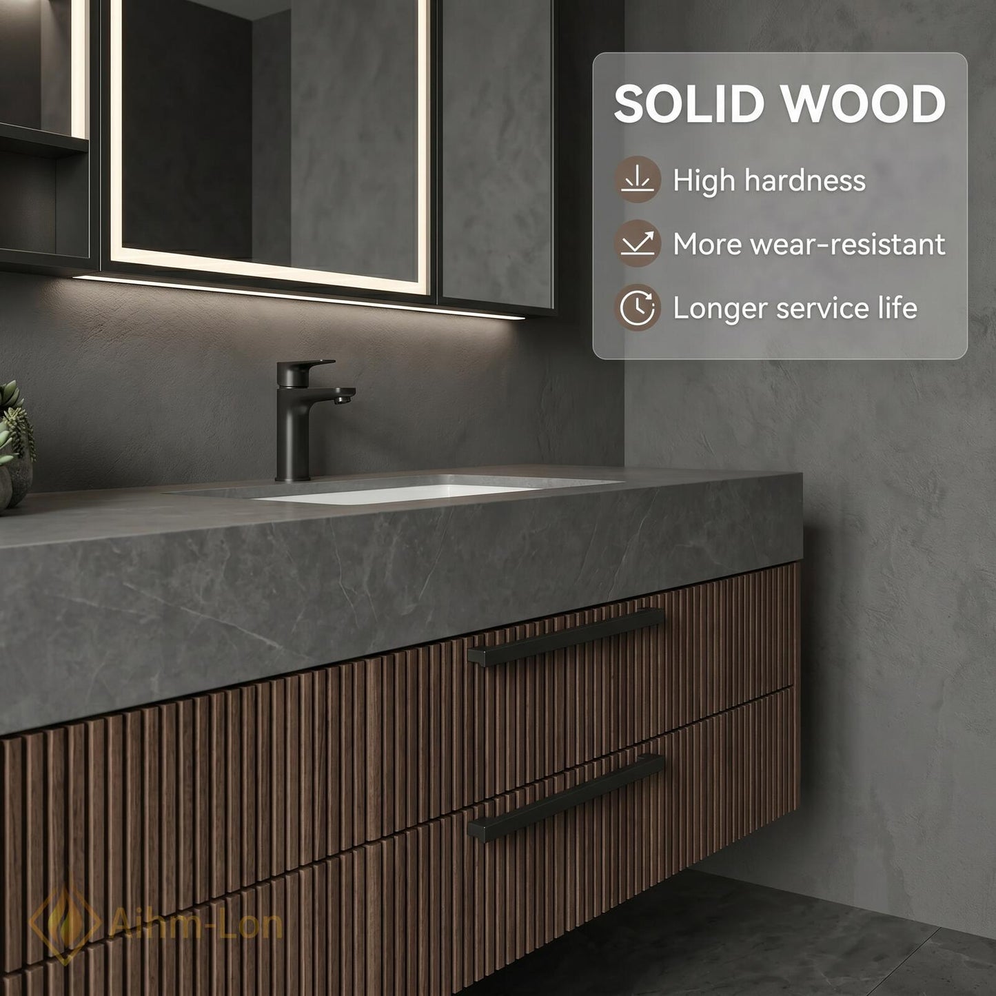 60''-96'' Double Bathroom Vanity with Sink Modern Floating Grey Stone Slatted Drawer