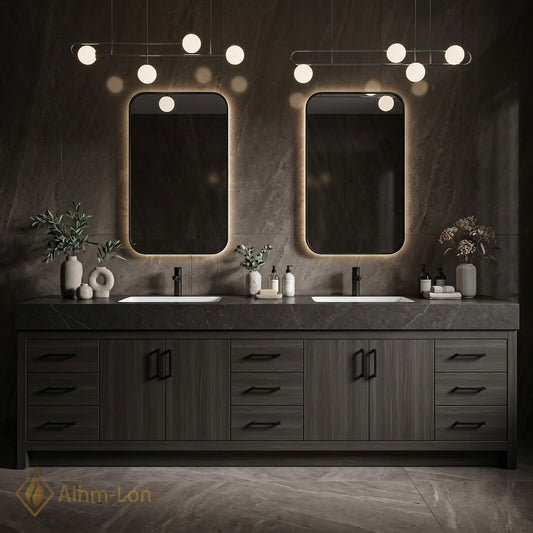 78''-96'' Double Bathroom Vanity with Sink Solid Wood Cabinet Dark Stone Countertop