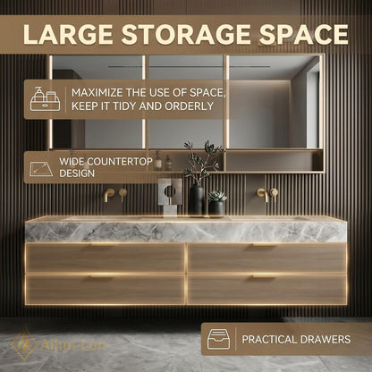 60''-96'' Double Bathroom Vanity with Sink Marble Top Warm Walnut Drawers Shelving