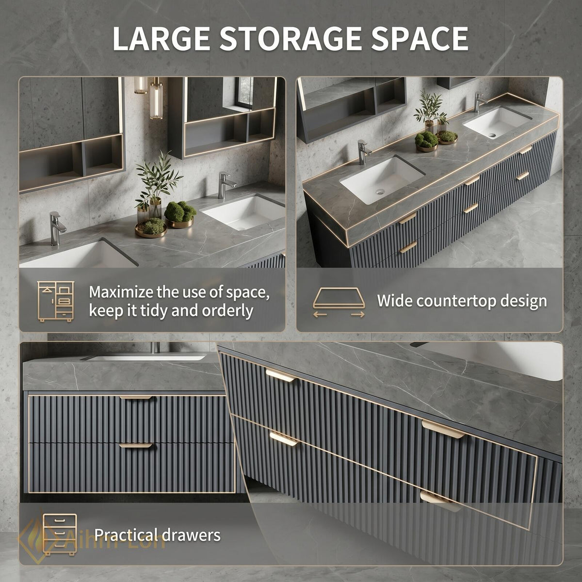 60''-96'' Double Bathroom Vanity with Sink Modern Floating Dark Grey Finish Fluted