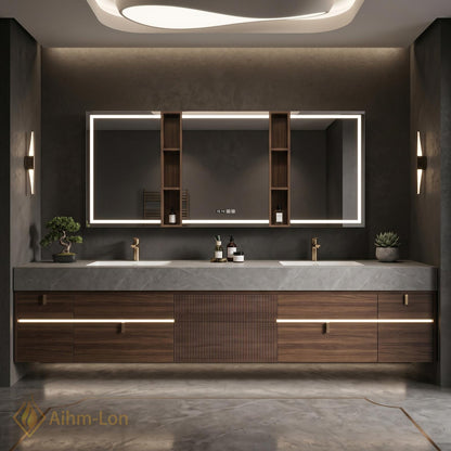 60''-96'' Modern Floating Bathroom Vanity with Sink Grey Marble Slatted Center Panel