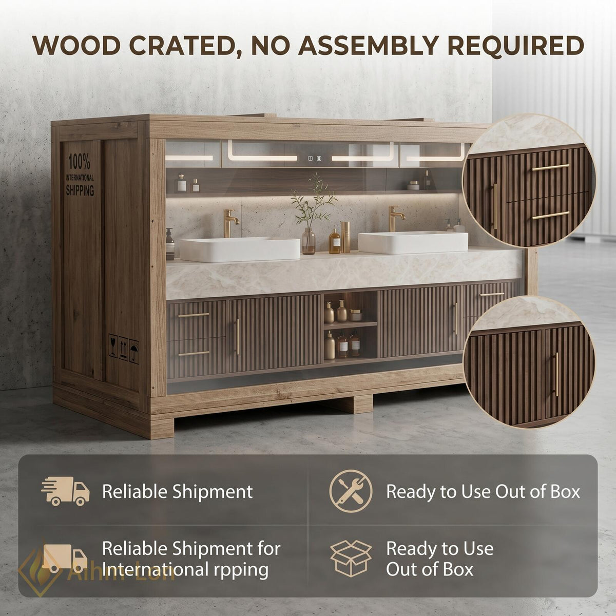 60''-96'' Double Bathroom Vanity with Sink Dark Walnut Slatted Center Panel Drawers