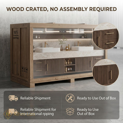 60''-96'' Double Bathroom Vanity with Sink Dark Walnut Slatted Center Panel Drawers
