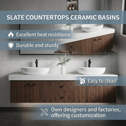60''-96'' Modern Bathroom Vanity with Sink Dual Vessel Sinks Vertical Slatted Dark Cabinet