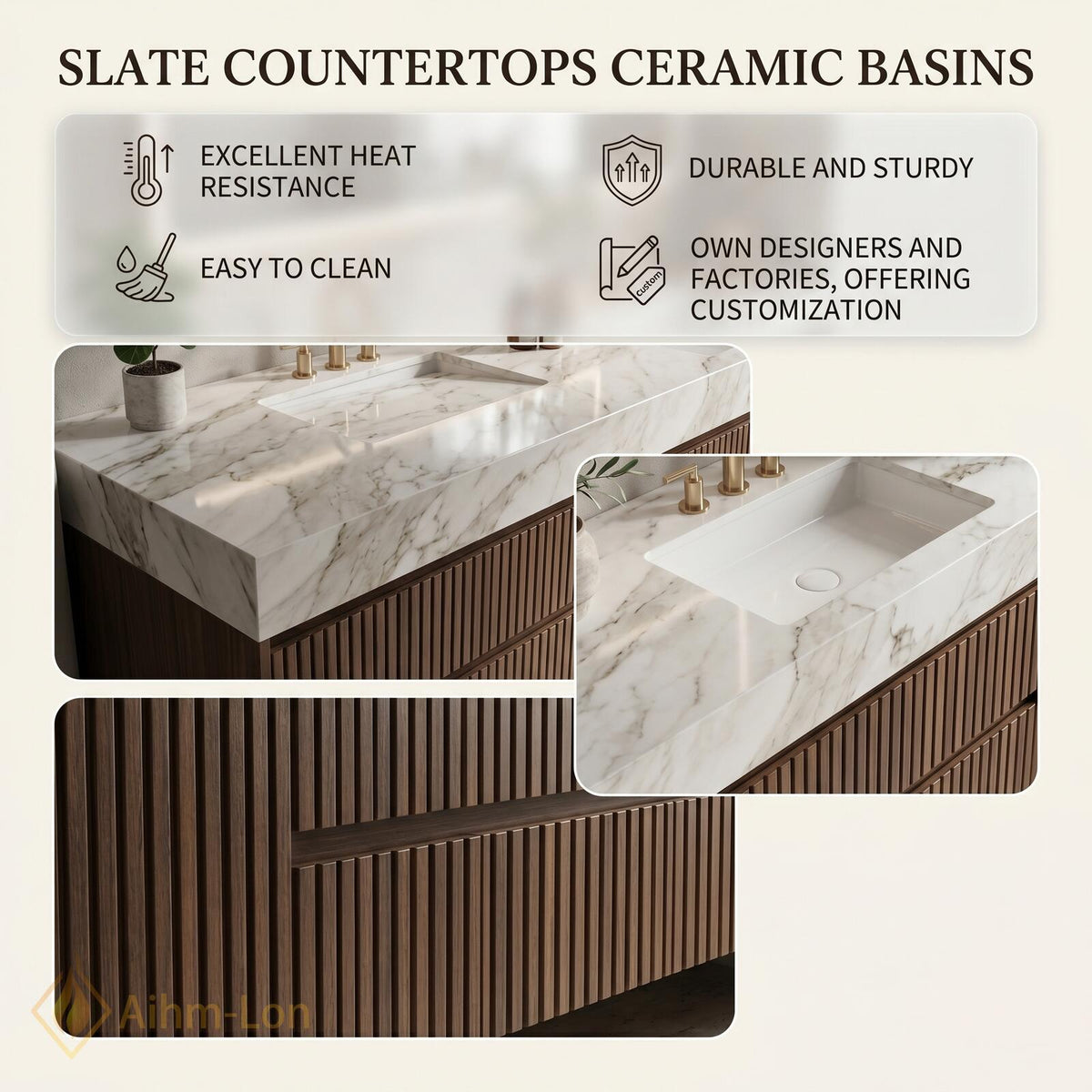 60''-96'' Double Bathroom Vanity with Sink Modern Floating Dark Wood Slats Marble Top