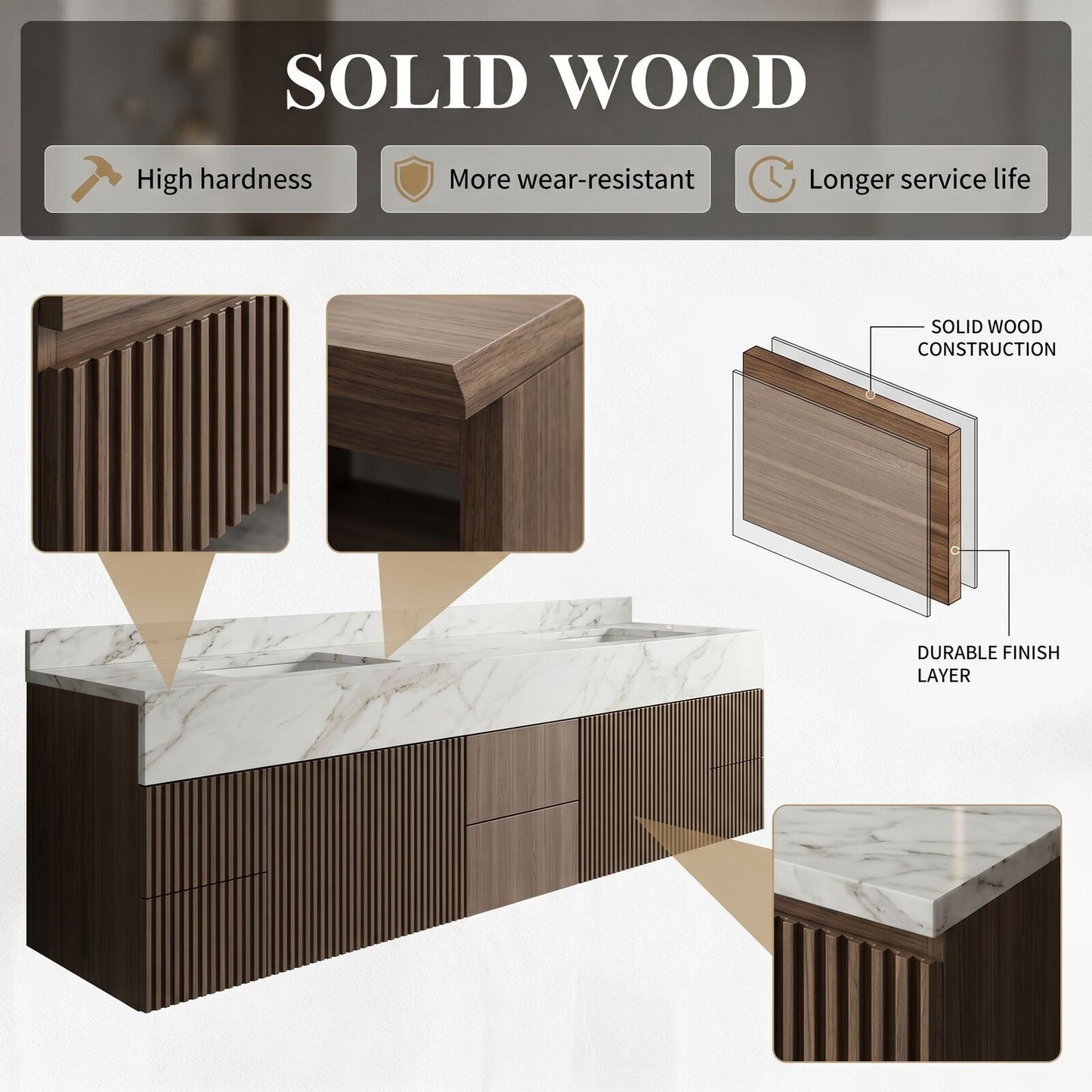 72''-96'' Modern Bathroom Vanity with Sink Double Sink Ridge-Panel Marble-Effect Mirror Cabinet