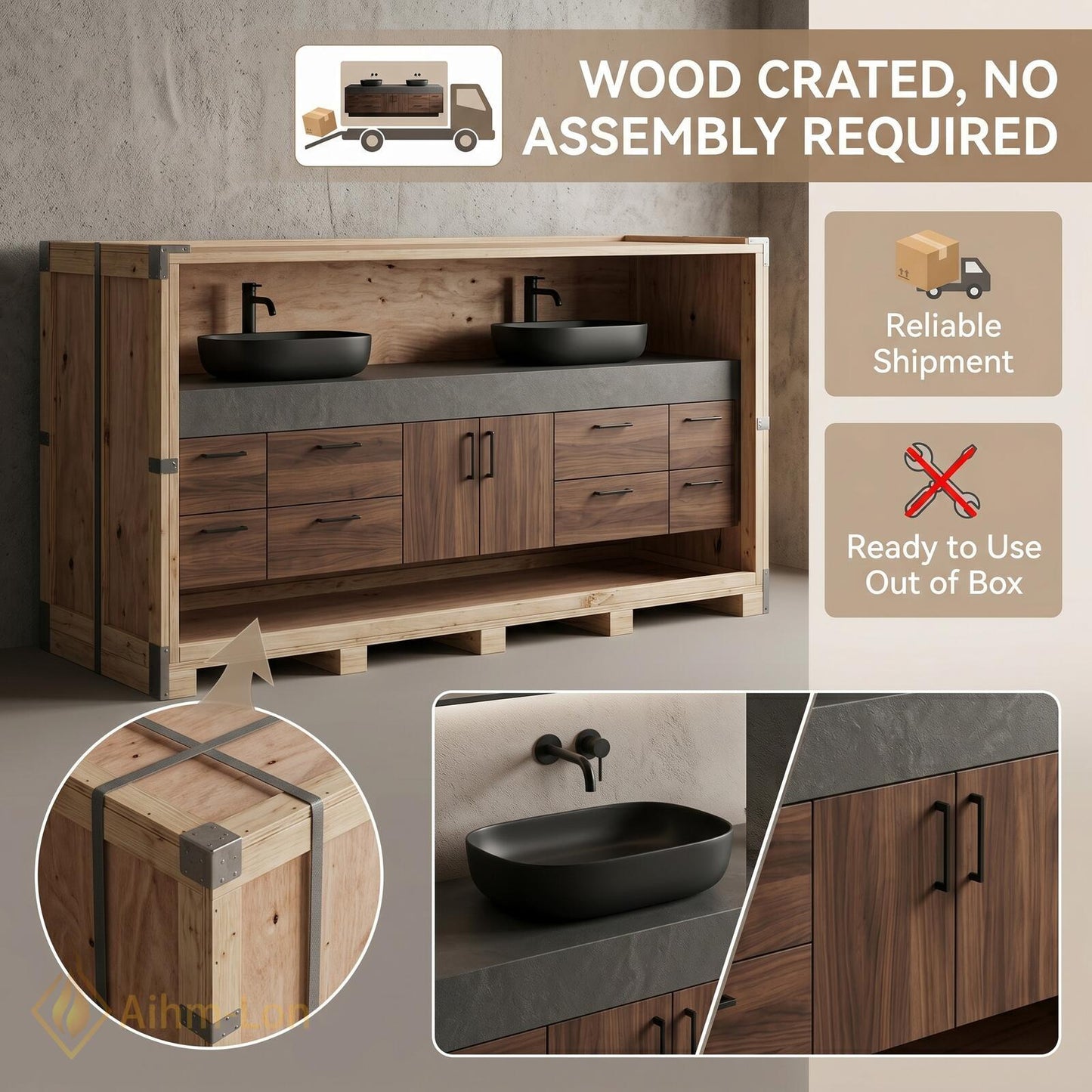 72''-96'' Double Bathroom Vanity with Sink Dark-Walnut Modern Floating Open Drawer