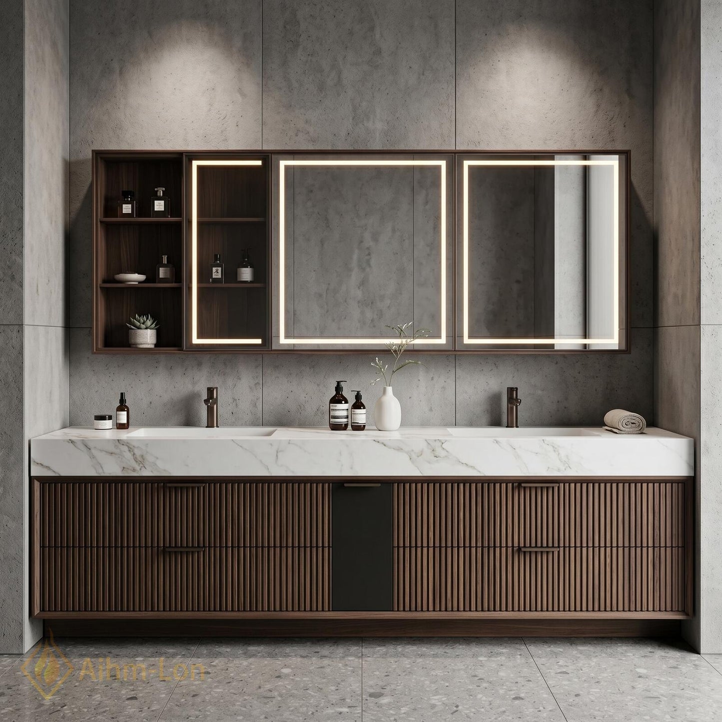 60''-96'' Double Bathroom Vanity with Sink Elegant Floating Dark Walnut Marble Surface