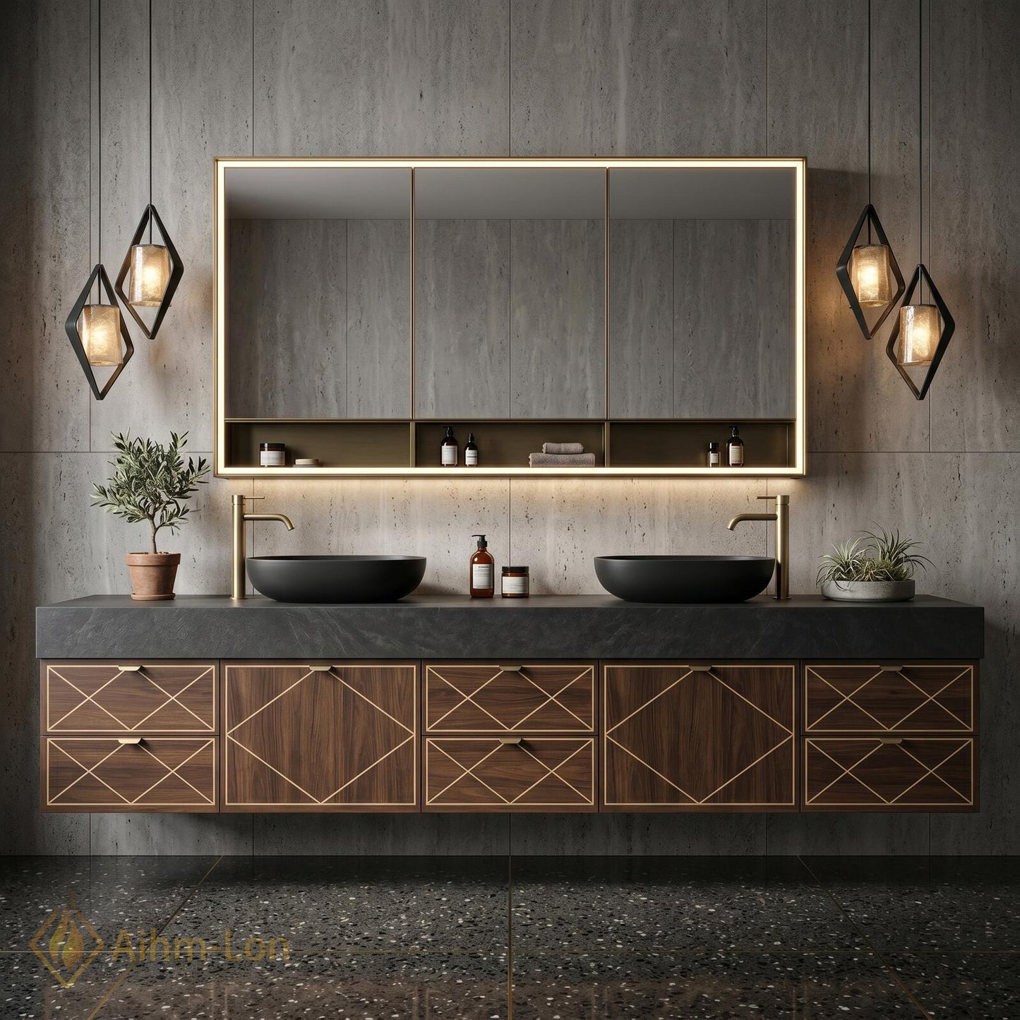 72''-96'' Double Bathroom Vanity with Sink Dark Modern Floating Stone-Top Basins