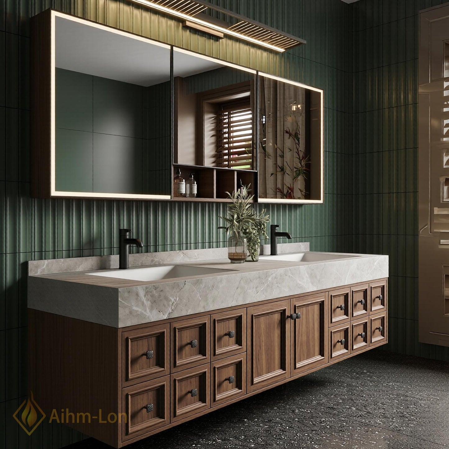 76''-96'' Modern Floating Bathroom Vanity with Sink Recessed Basins Solid Wood Panel