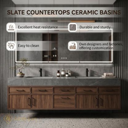 60''-96'' Double Bathroom Vanity with Sink Dark Walnut Finish Floating Modern Slatted