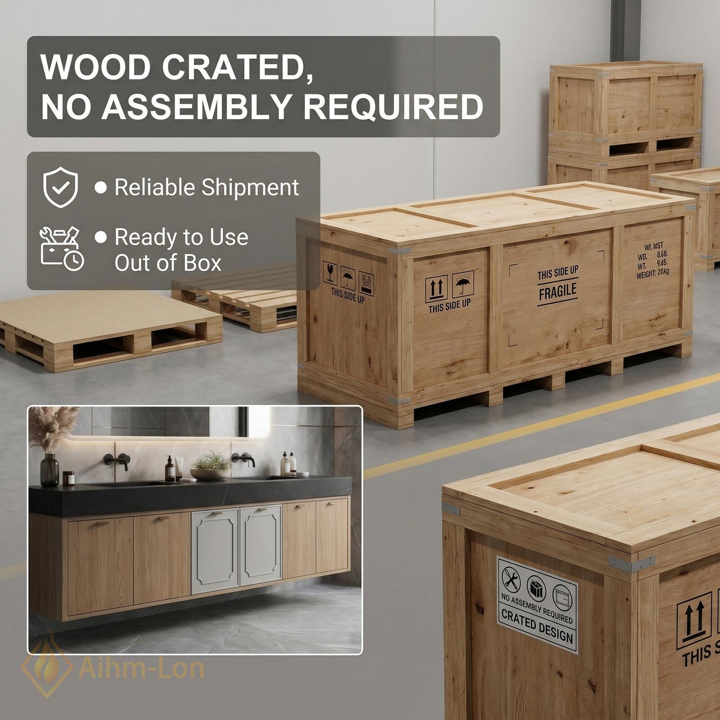60''-96'' Double Bathroom Vanity with Sink Gray Natural-Wood Modern Floating Panel