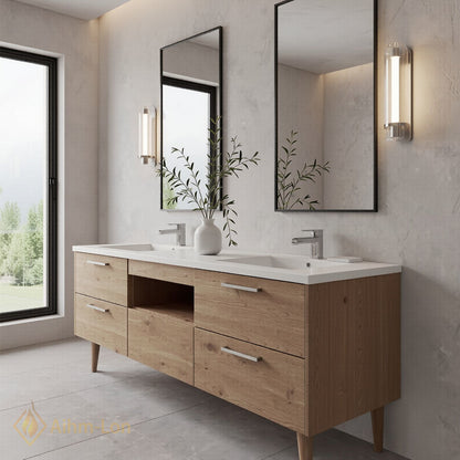 60''-96'' Spacious Bathroom Vanity with Sink Double Sink Natural Wood Grain Open Center