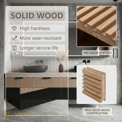 60''-96'' Double Bathroom Vanity with Sink Floating Stone-Like Countertop Two-Tone Vertical Slats