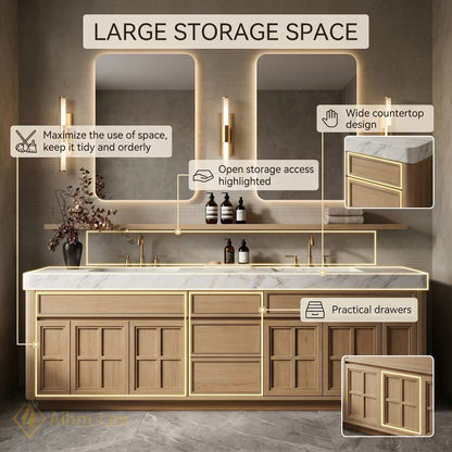 78''-96'' Double Bathroom Vanity with Sink Warm Oak Veneer Spacious Drawers