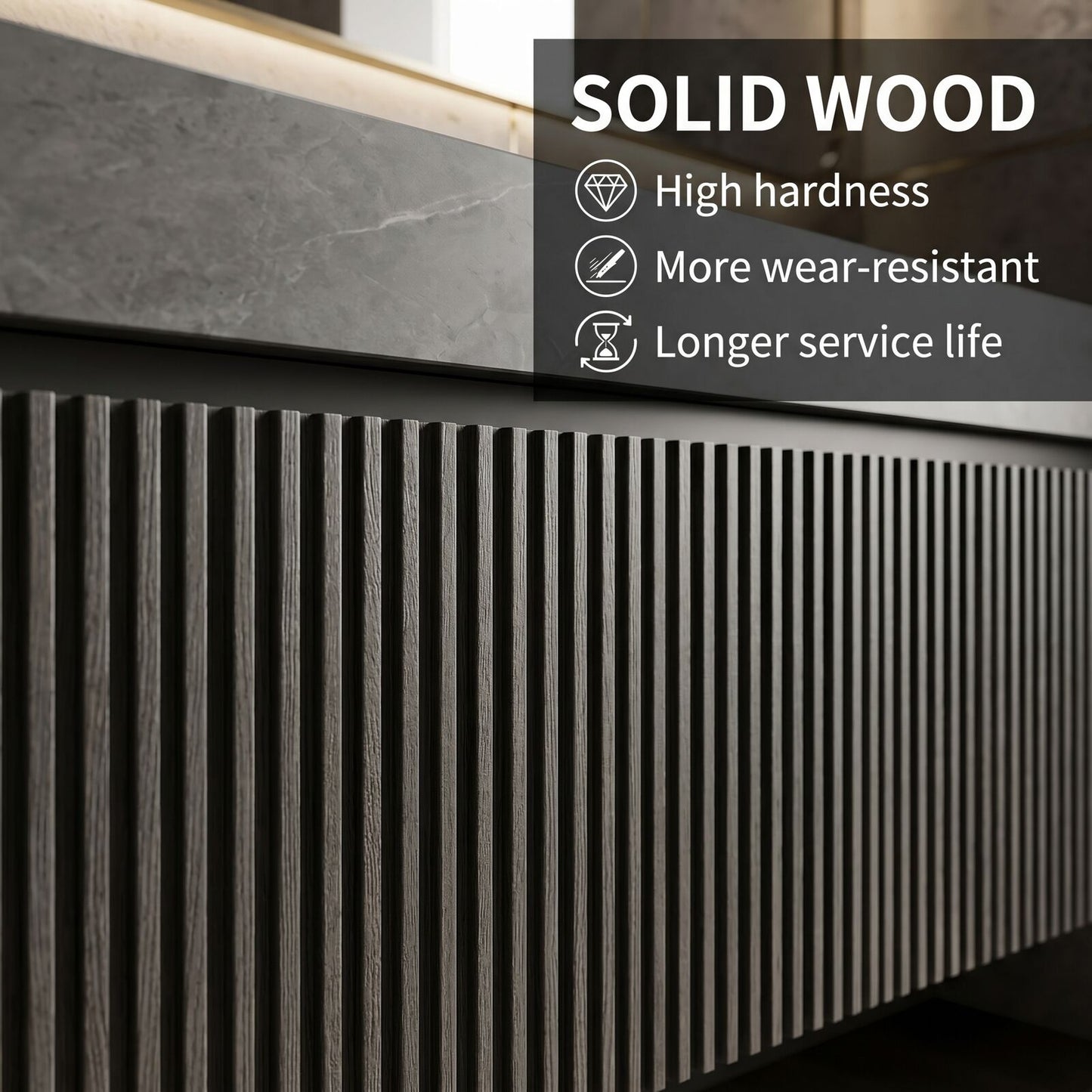 60''-96'' Modern Bathroom Vanity with Sink Double Sink Vertical Grooves Dark Stone Mirror Cabinet