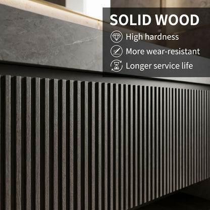 60''-96'' Modern Bathroom Vanity with Sink Double Sink Vertical Grooves Dark Stone Mirror Cabinet