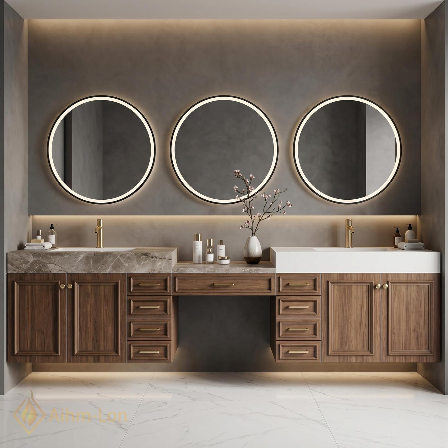 60''-96'' Double Bathroom Vanity with Sink Walnut Floating Modern Triple Woodgrain Finish