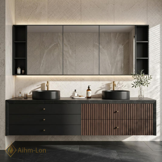 60''-96'' Modern Floating Bathroom Vanity with Sink Dual Slatted Side Panel Storage