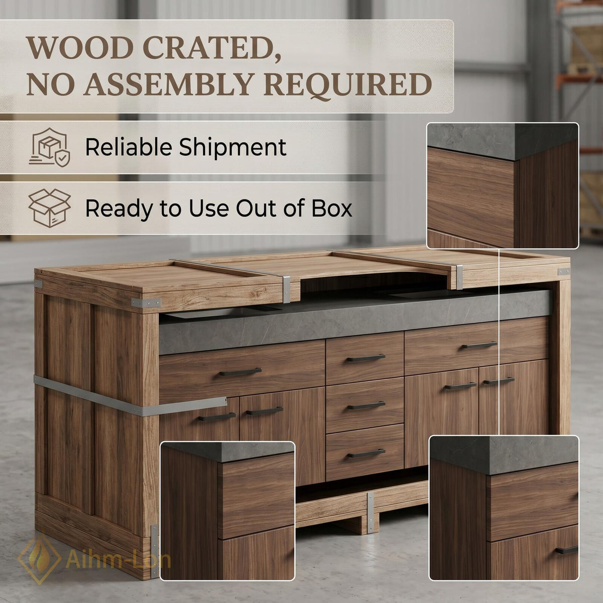60''-96'' Double Bathroom Vanity with Sink Floating Dark Grey Marble Wood Panels
