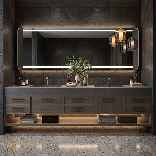 76''-96'' Double Bathroom Vanity with Sink Floating Storage Drawers Dark Stone Texture
