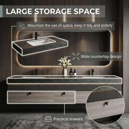 60''-96'' Double Bathroom Vanity with Sink Textured Slatted Front Light Wood Grain Cabinet