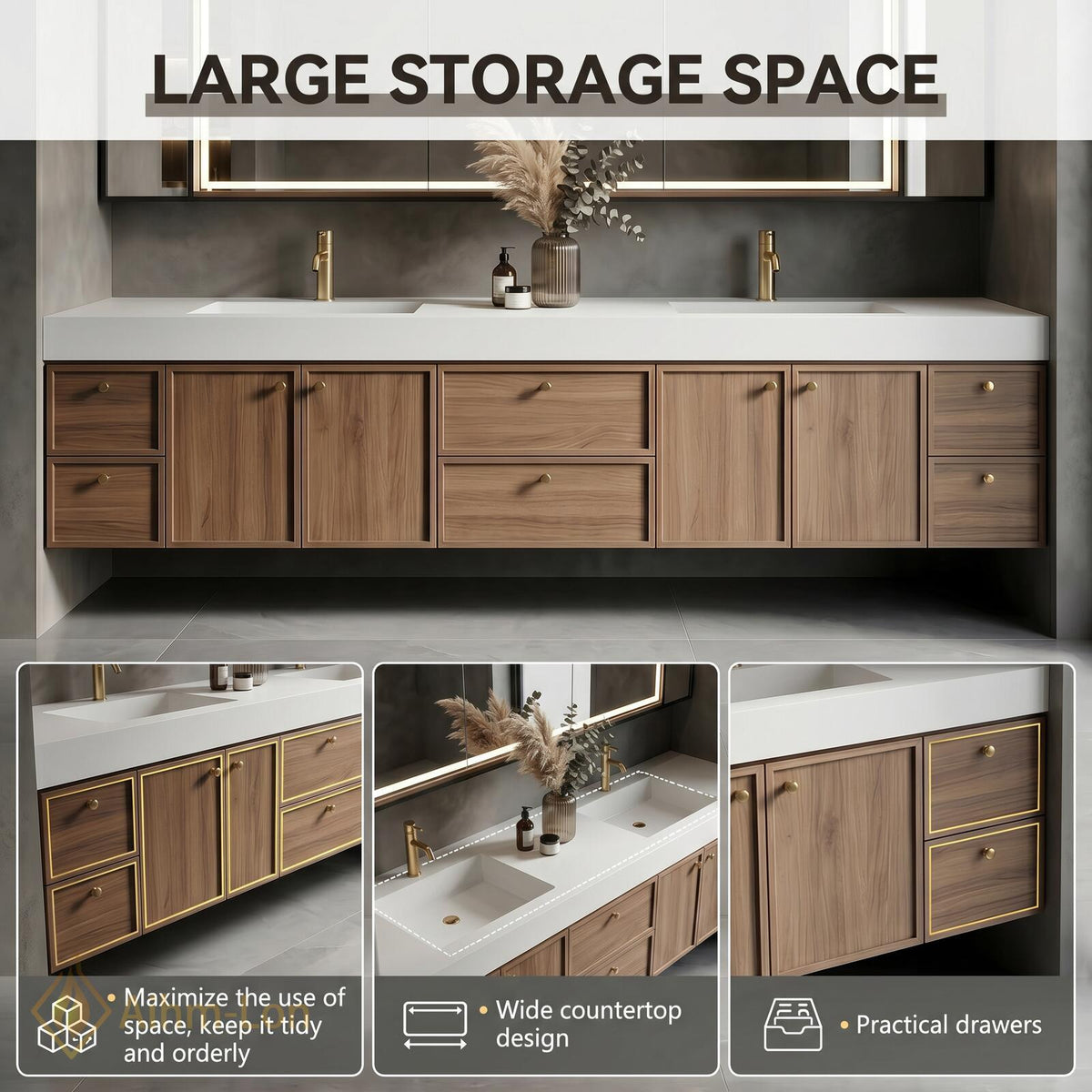 60''-96'' Double Bathroom Vanity with Sink Floating Warm Oak Grain Finish Drawers