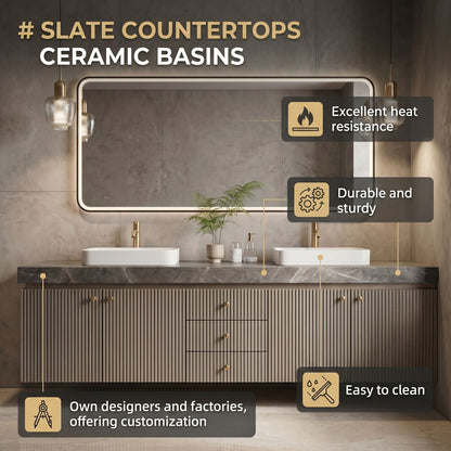 60''-96'' Double Bathroom Vanity with Sink Ribbed Panel Fronts Slate Gray Top