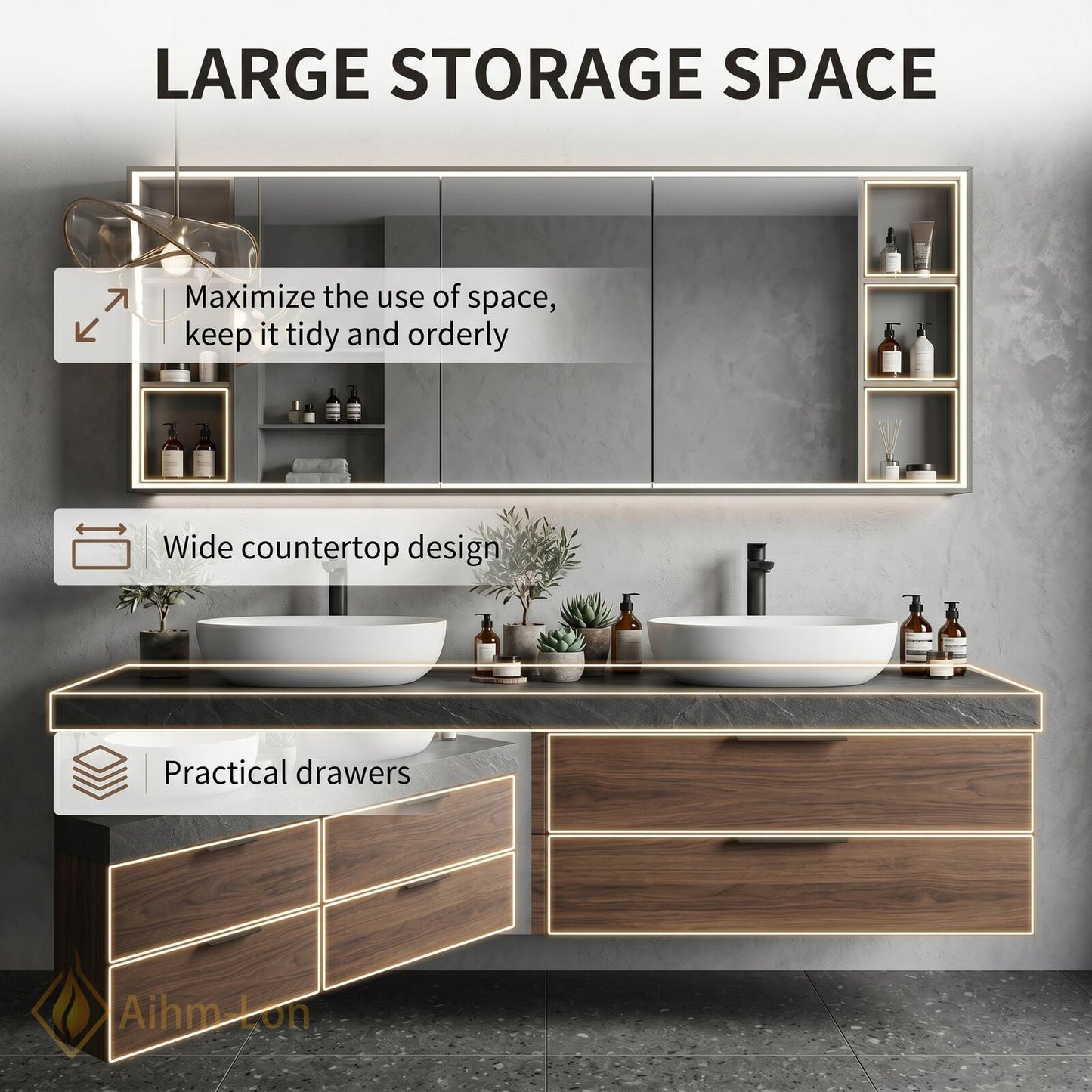 60''-96'' Double Bathroom Vanity with Sink Dark-Walnut Modern Floating Drawers Open