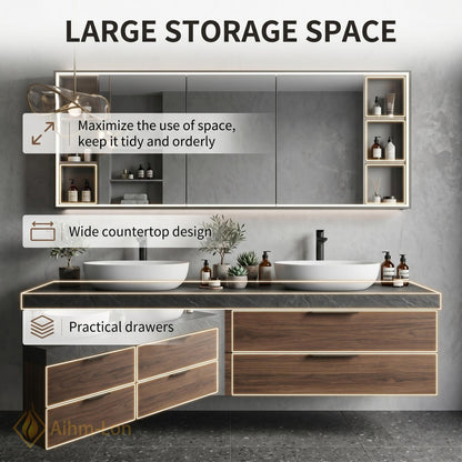60''-96'' Double Bathroom Vanity with Sink Dark-Walnut Modern Floating Drawers Open