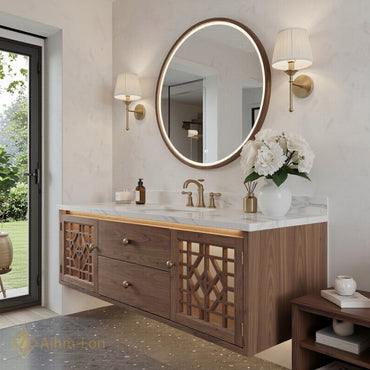 48''-64'' Modern Bathroom Vanity with Sink Floating Lattice Glass Wood Grain Drawers