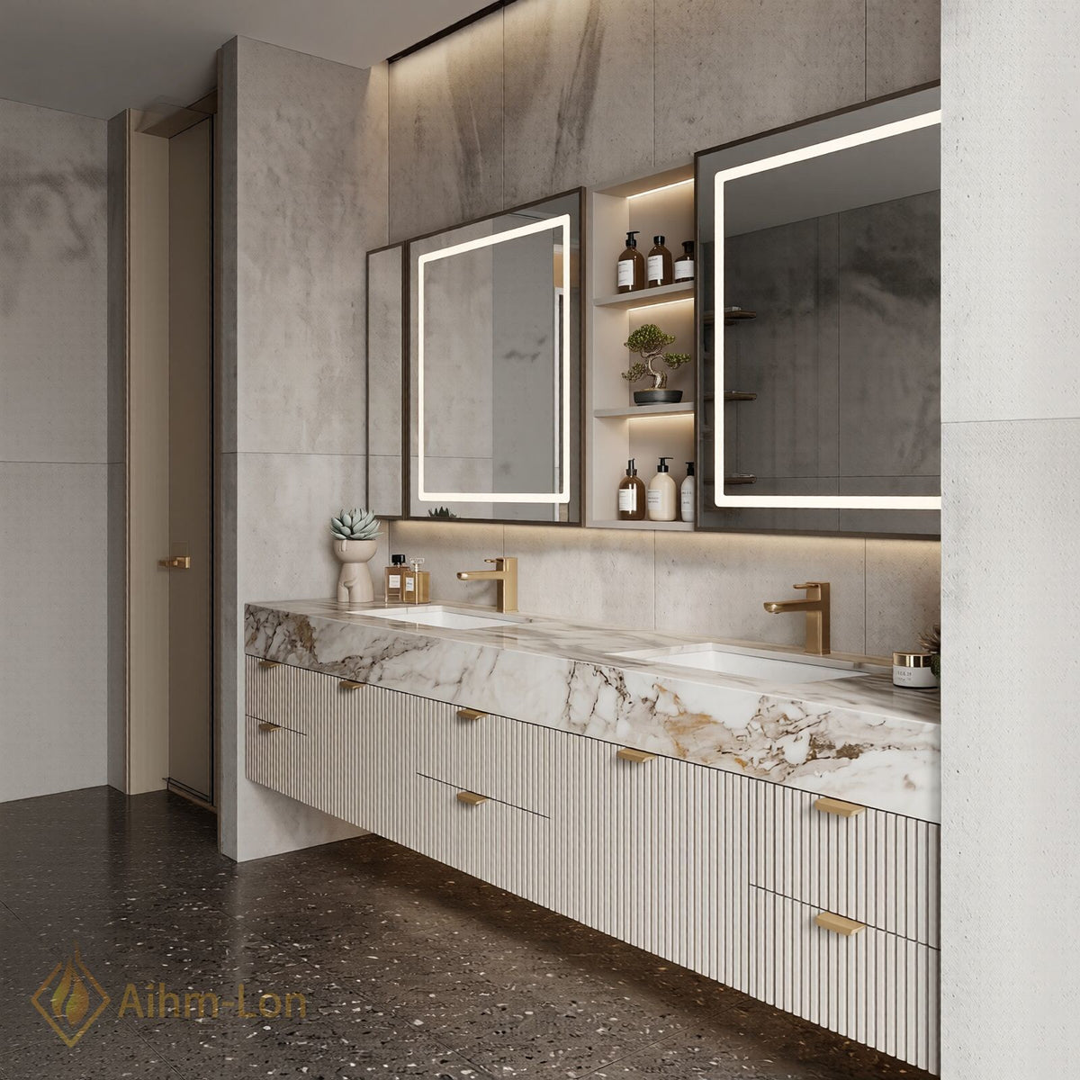 76''-96'' Double Bathroom Vanity with Sink Slatted Front Panel Marble Texture Top