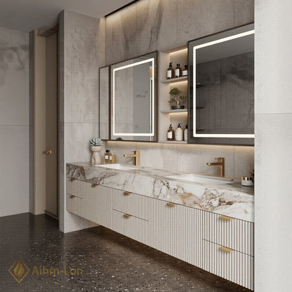76''-96'' Double Bathroom Vanity with Sink Slatted Front Panel Marble Texture Top