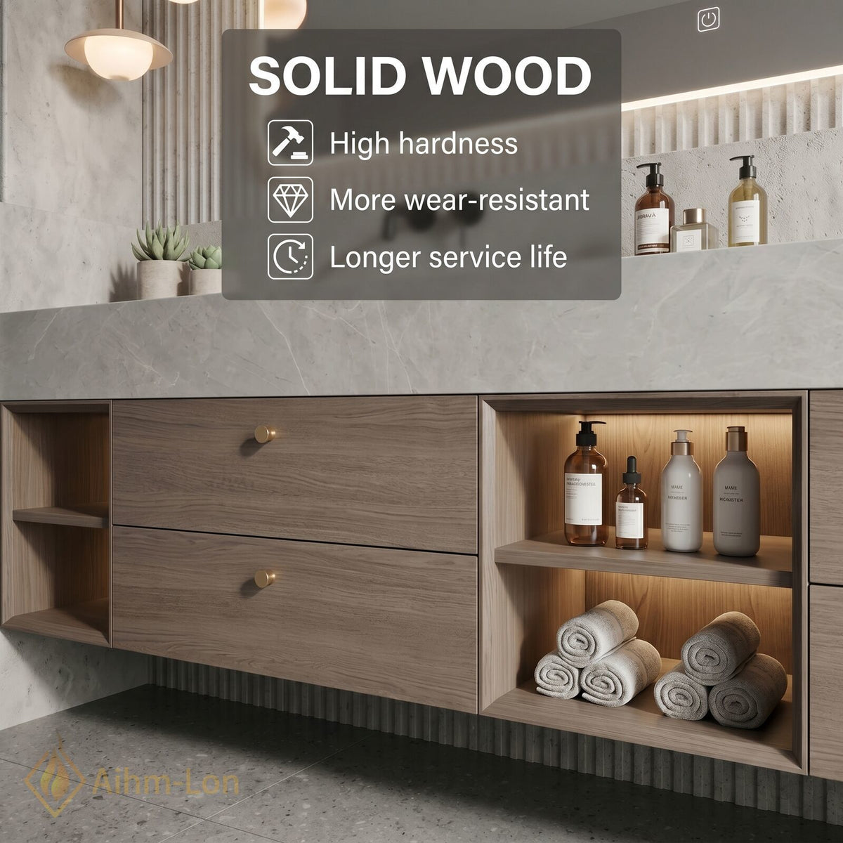 76''-96'' Double Bathroom Vanity with Sink Light Gray Stone Veneer Drawers Storage