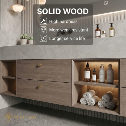 76''-96'' Double Bathroom Vanity with Sink Light Gray Stone Veneer Drawers Storage