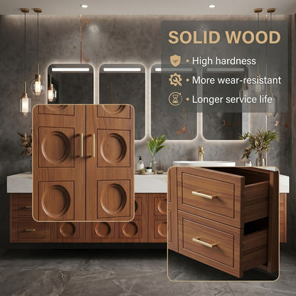 70''-96'' Modern Bathroom Vanity with Sink Carved Circular Panels Rich Wood Grain Cabinet