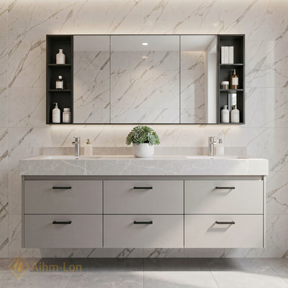 60''-96'' Modern Bathroom Vanity with Sink Thick Marble Floating Drawers Mirror Cabinet