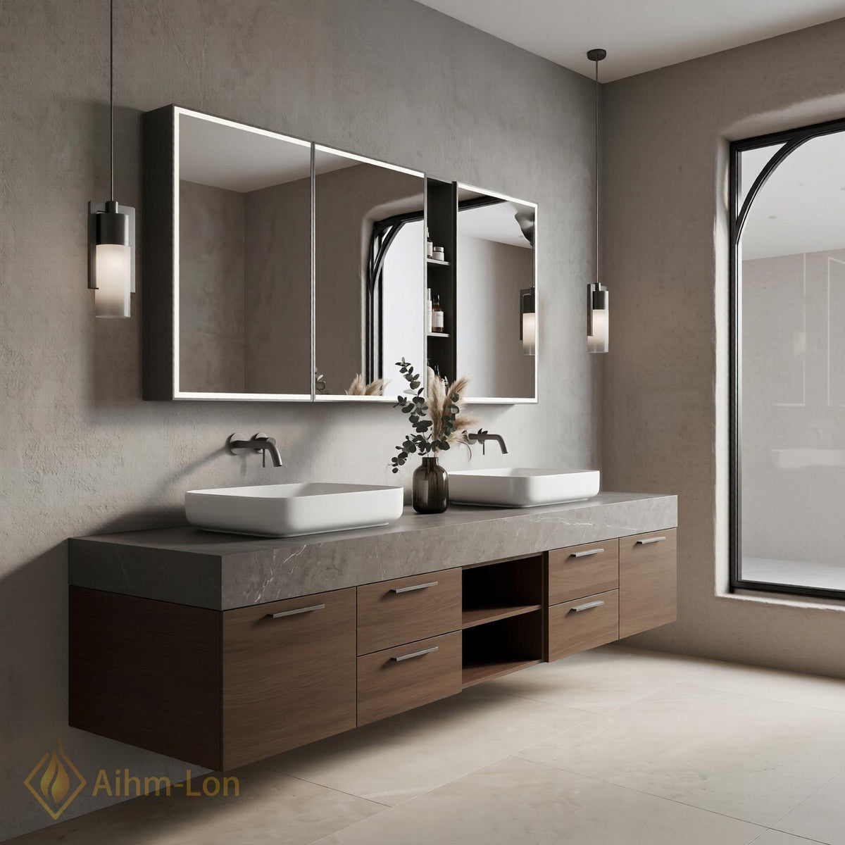 60''-96'' Double Bathroom Vanity with Sink Basin Woodgrain Finish Slatted Open Shelving
