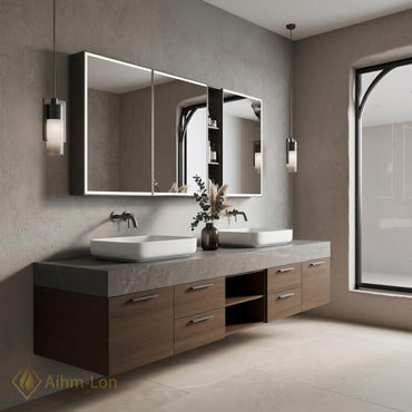 60''-96'' Double Bathroom Vanity with Sink Basin Woodgrain Finish Slatted Open Shelving