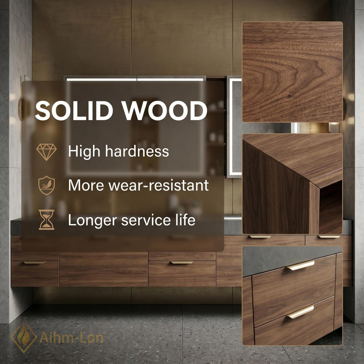 60''-96'' Double Bathroom Vanity with Sink Deep Grey Stone Wood Grain Drawers