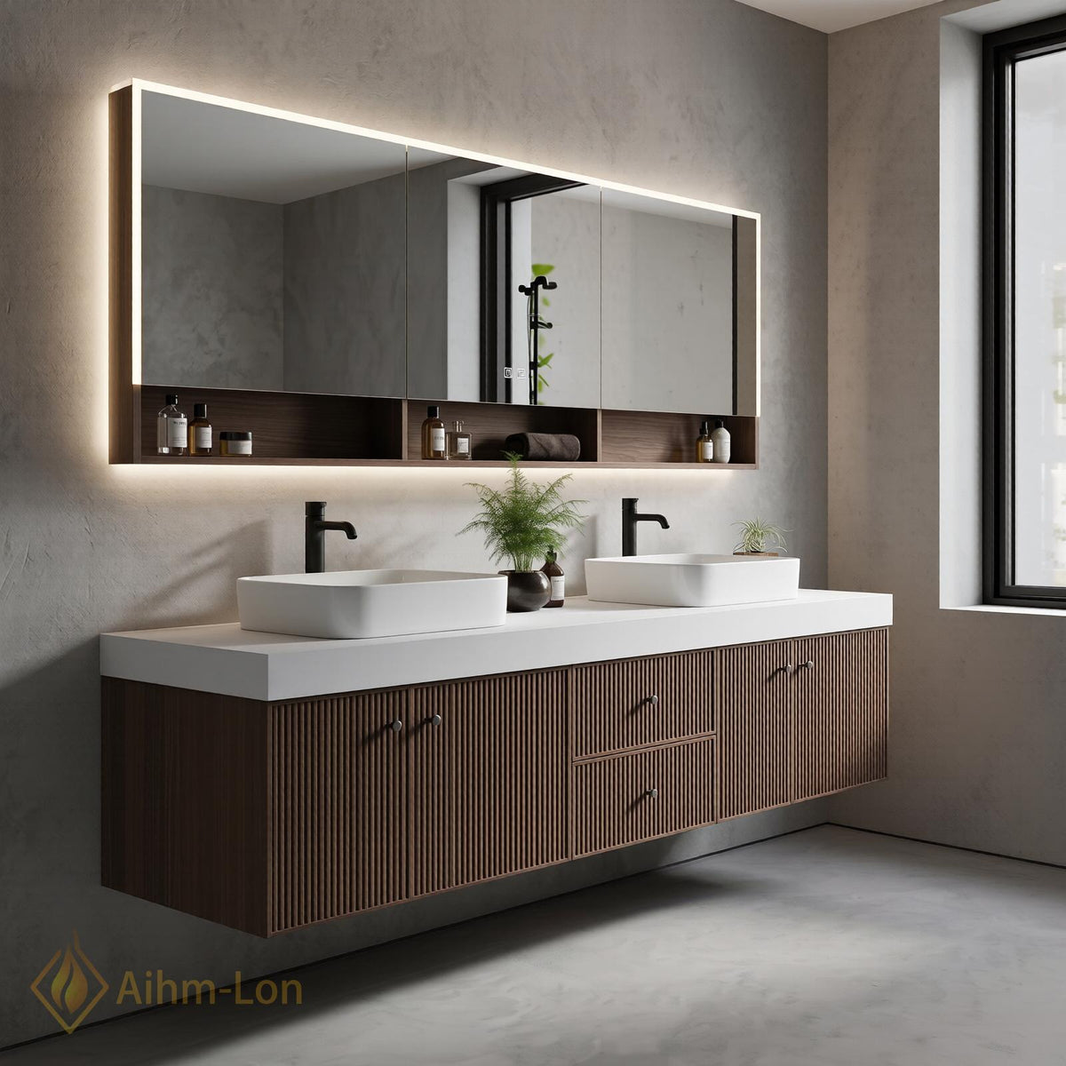 60''-96'' Double Bathroom Vanity with Sink Sleek Floating Vertical Slats Modern Setup