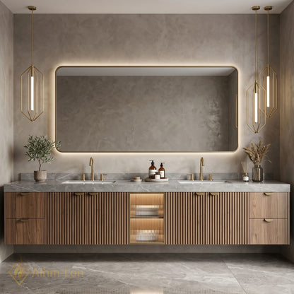 70''-96'' Double Bathroom Vanity with Sink Floating Elegant Slat Design Wooden Textured