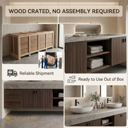 60''-96'' Double Bathroom Vanity with Sink Grey Stone Vertical Slatted Doors Shelving