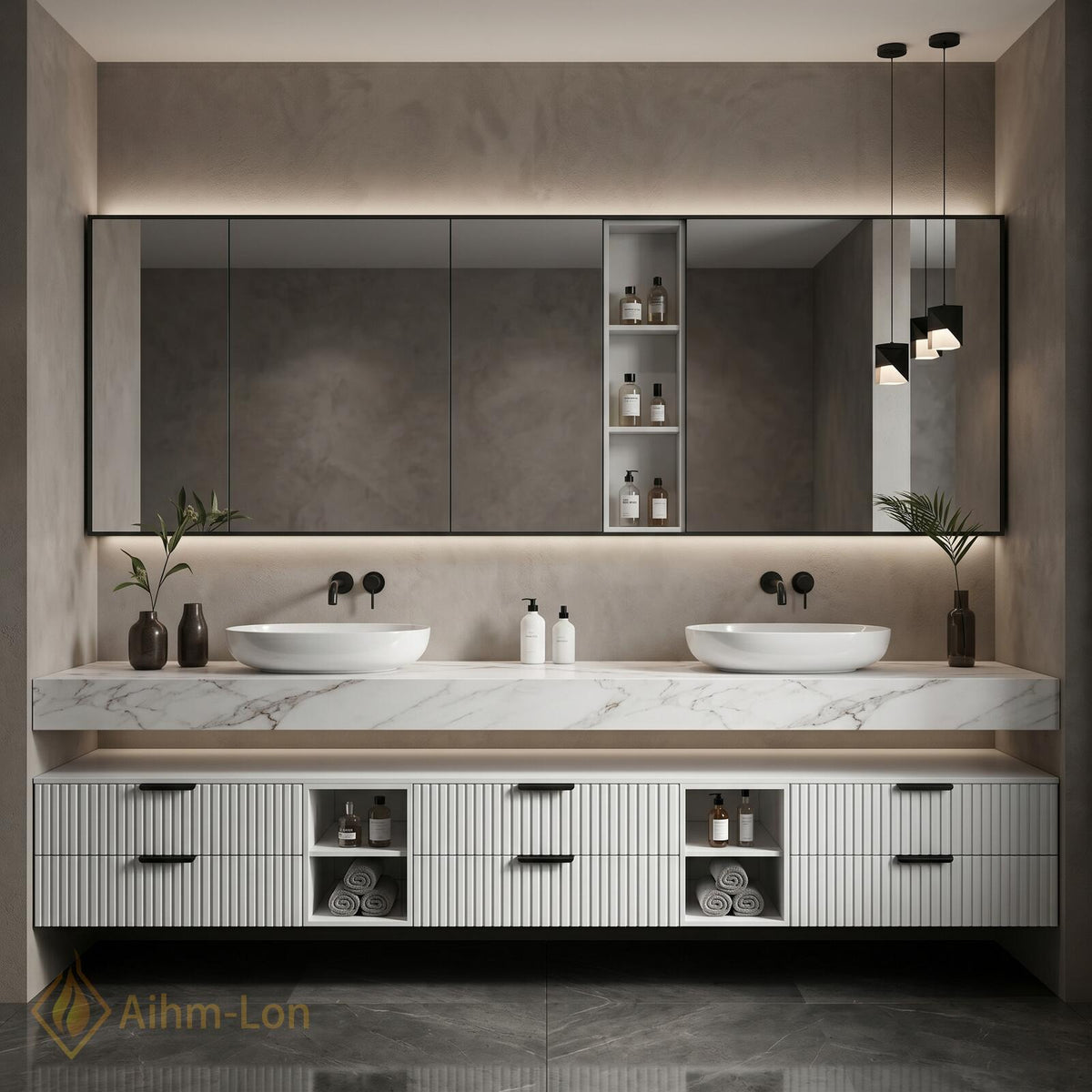 60''-96'' Double Bathroom Vanity with Sink Stone Texture Slats Open Bottom Shelf