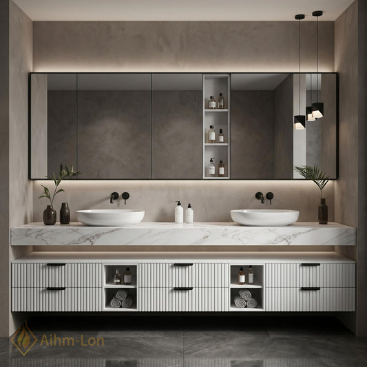 60''-96'' Double Bathroom Vanity with Sink Stone Texture Slats Open Bottom Shelf