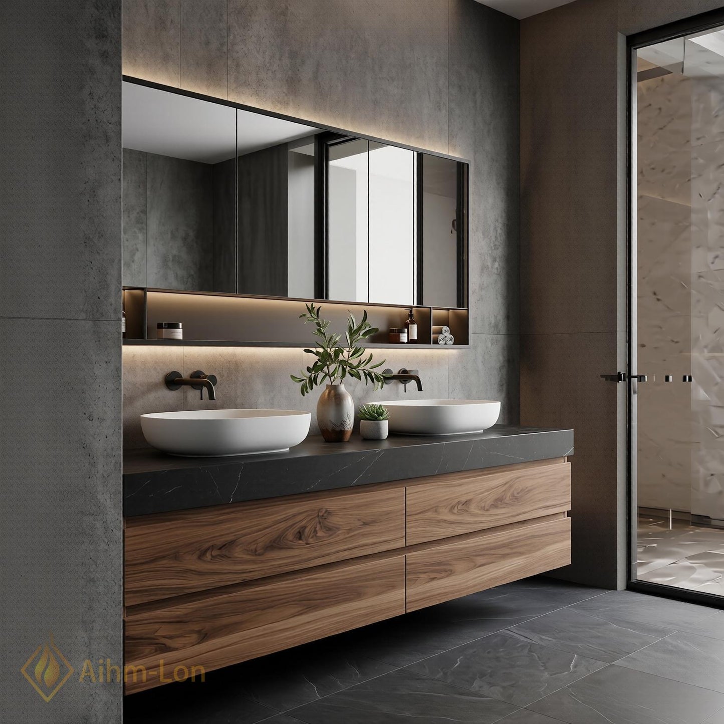 60''-96'' Double Bathroom Vanity with Sink Dark-Walnut Modern Floating Drawers Stone