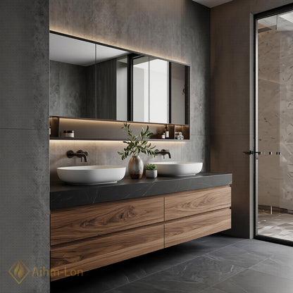60''-96'' Double Bathroom Vanity with Sink Dark-Walnut Modern Floating Drawers Stone