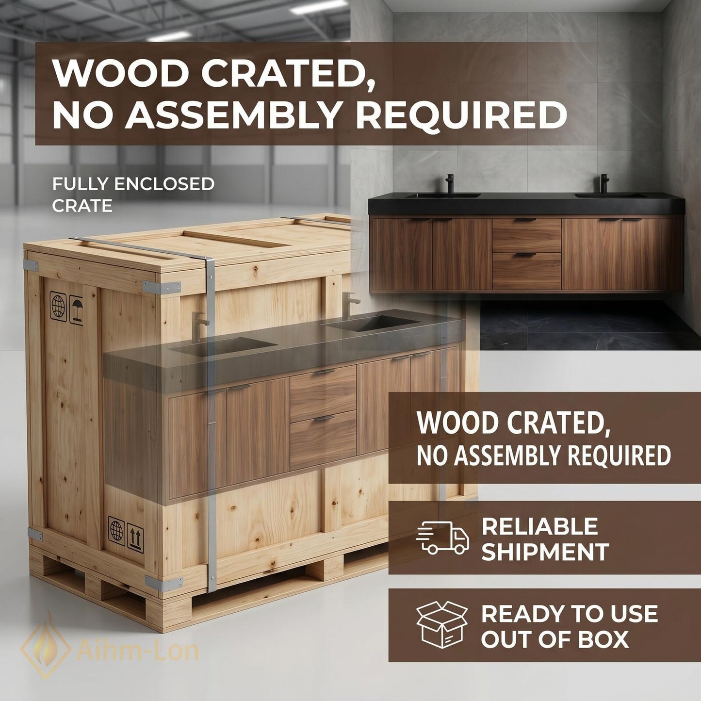 60''-96'' Double Bathroom Vanity with Sink Modern Dark Walnut Finish Slatted Center