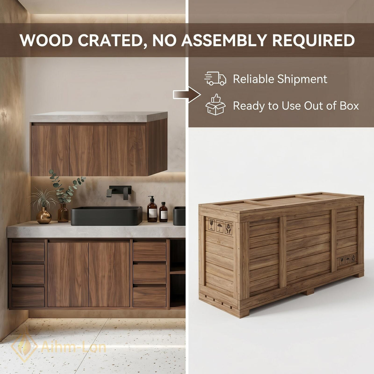 60''-96'' Double Bathroom Vanity with Sink Floating Dark Walnut Spacious Open Shelving
