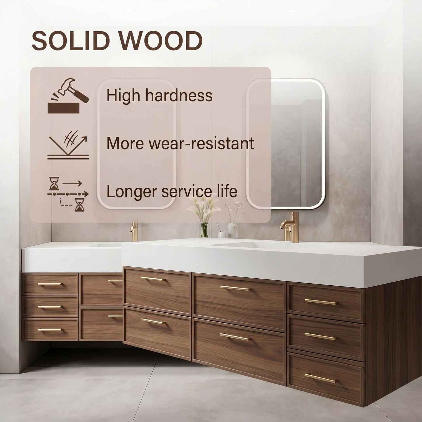 76''-96'' Modern Bathroom Vanity with Sink Floating Drawers Gold Hardware Dual Mirrors